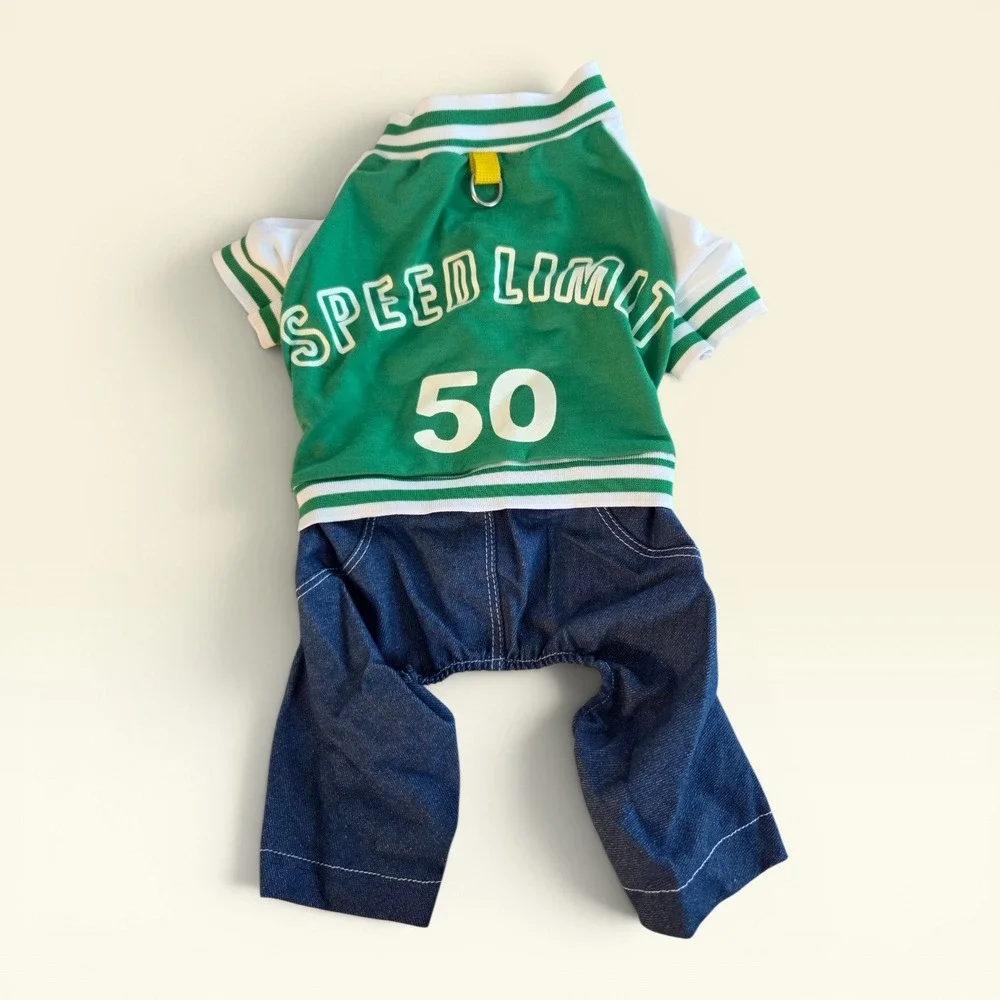 Green Varsity Jacket Denim Pet Jumpsuit Speed Limit 50 Dog‎ Cat Clothes XL